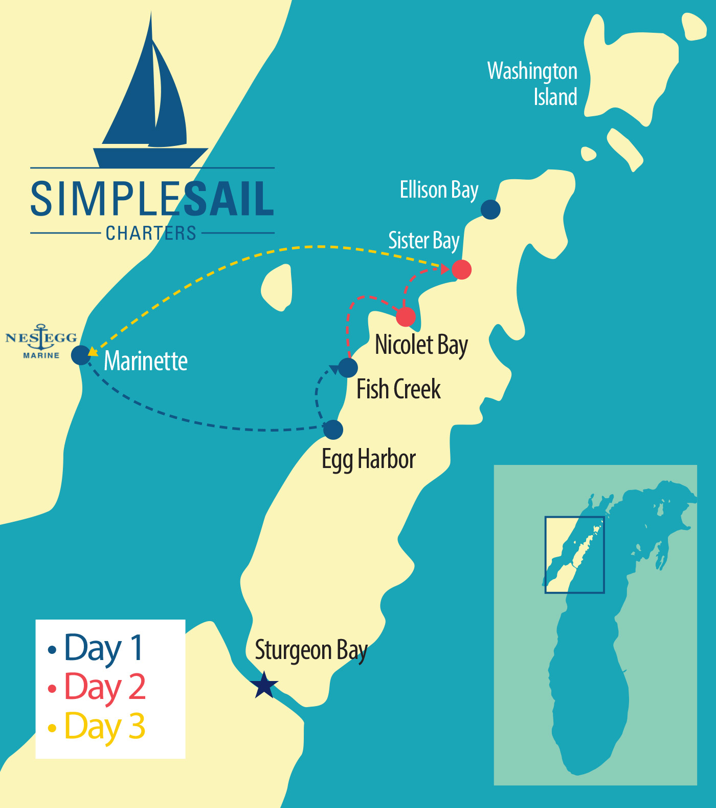 saimple sail door county charter map